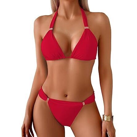 Women's Triangle Ruched Bikini Set Sexy Two Piece Swimsuit Halter Sliding Rings